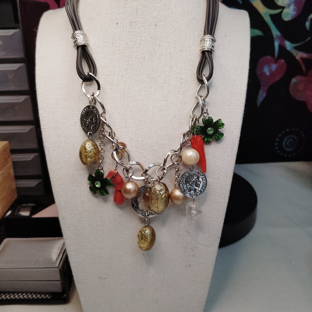 Vintage Mexican Wedding Charm Necklace with Coins, Coral & Chili Peppers